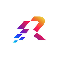 Modern R logo with pixel motion element shape in colorful gradient style