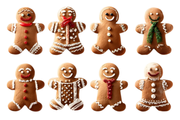 Collection of various gingerbread men cookies isolated on transparent background