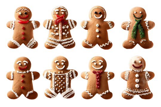 Collection of various gingerbread men cookies isolated on transparent background