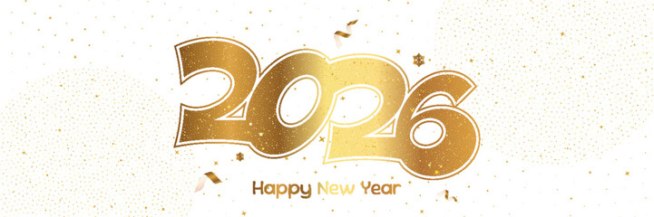 Elegant golden 2026 New Year greeting with sparkling confetti and a soft festive background. Vector illustration for holiday banners, greeting cards and celebration designs.