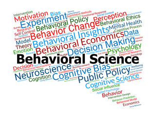 Behavioral Science Word Cloud. Composition Of Terms Related To Human Decision Making, Cognitive Processes, Emotions, Motivation, And Social Influences In Applied Behavioral Studies.