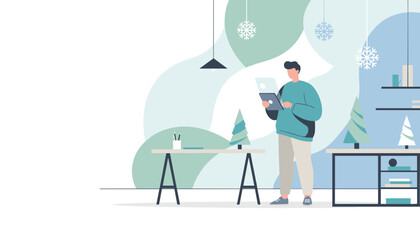 Remote professional using a tablet in a stylized modern office decorated for winter holidays