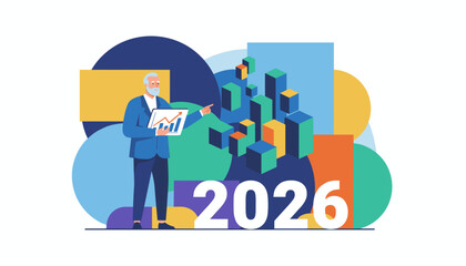 Senior executive presenting 2026 business growth plan showing chart analysis and colorful abstract data
