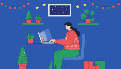 Woman in Christmas sweater working on laptop in festive home office setting
