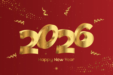 Golden 2026 New Year greeting design with sparkling confetti and a red white festive background. Vector illustration for holiday banners, greeting cards and celebration graphics.