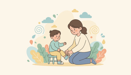 Mother helping her smiling child wear shoes Family bonding care and parenting illustration