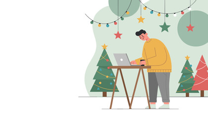 Tired man working on laptop during the festive holiday season feeling burnout or stress