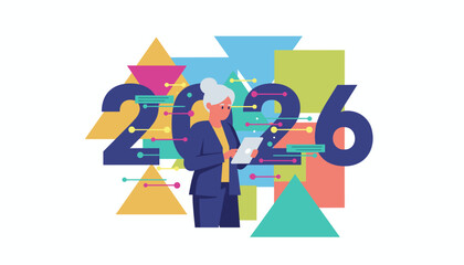 Senior professional calculating 2026 future Technology abstract data and geometric business planning