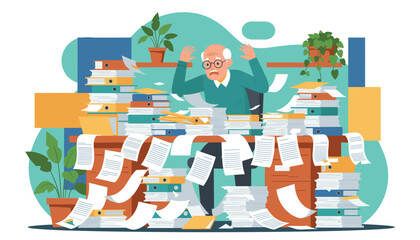 Obraz premium Stressed senior man overwhelmed by mountains of paperwork struggling with bureaucracy and deadlines