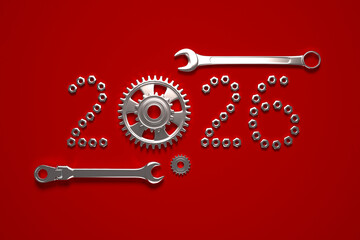 Creative 2026 New Year design template with nut bolts and wrenches. 3D render illustration on a construction, engineering and maintenance theme.