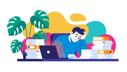 Exhausted worker stressed by huge workload and piles of paper documents in a flat design illustration