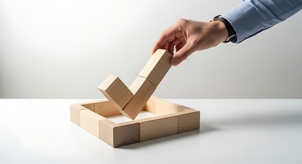 Hand placing wooden block check mark into box.