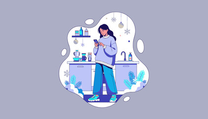 Casual woman uses smartphone in a cozy decorated kitchen during winter holidays