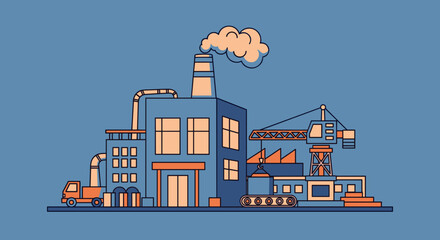 Minimalist illustration of a large production facility with machinery crane and smokestack