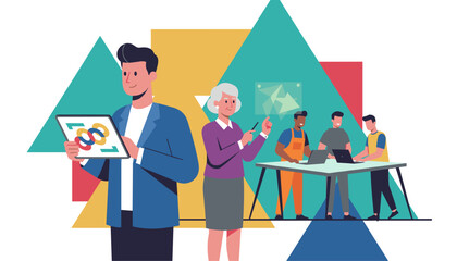 Diverse team collaborating on business strategy using technology intergenerational mentorship