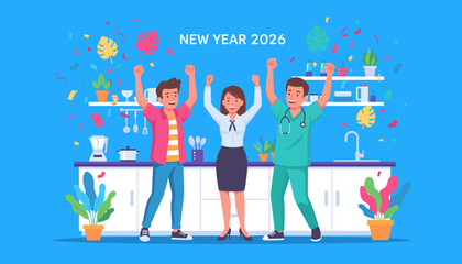 Diverse professionals celebrate New Year 2026 success with joyful hands raised in a modern kitchen