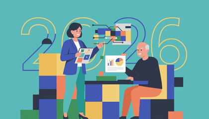 Business team analyzing data for 2026 strategy planning and corporate goals