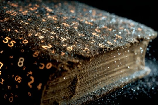 A close-up view of an ancient, dusty book covered in numbers, sparkles, and mystery