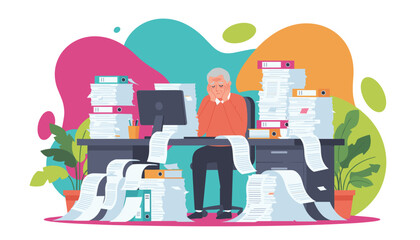 Stressed older man buried under paperwork mountains symbolizing excessive bureaucracy and office stress