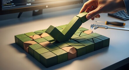 Hand Completing Check Mark Puzzle on Desk.