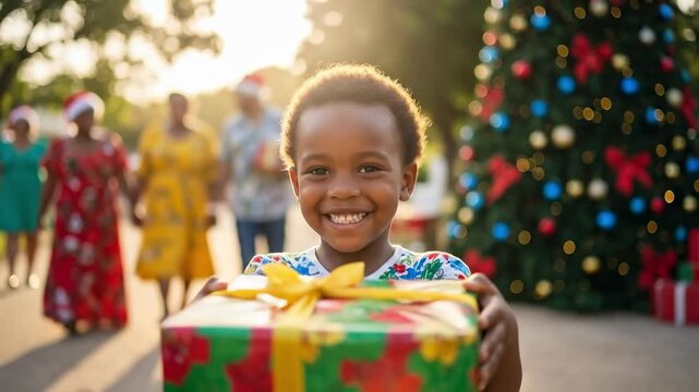 Happy young African American boy smiling and holding a wrapped Christmas gift outdoors with family and a decorated tree in the background during golden hour