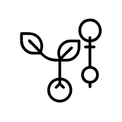 A stylized outline drawing of two plants, one flourishing with leaves, the other with a seed, symbolizing growth and life