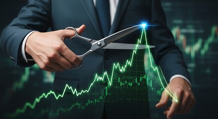 Cutting Costs - Businessman Trimming Financial Growth Chart with Scissors.