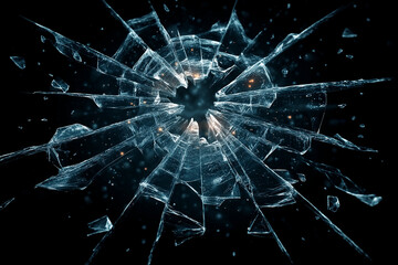 Shattered glass with a dense web of cracks radiating from a bright central point of impact, set against a dark background. It symbolizes impact, breakage, crisis, breaking barriers, sudden change