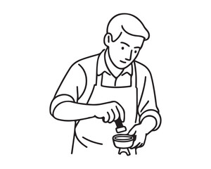 Line art of a barista preparing coffee with tamper in cafe, perfect for coffee shops, cafes, and anyone passionate about crafting the perfect brew