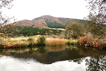 A view of Hakone in late autumn. Hakone, Kanagawa Prefecture, Japan. Many tourists visit Hakone every year to see the autumn leaves.