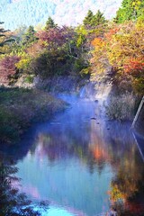 A view of Hakone in late autumn. Hakone, Kanagawa Prefecture, Japan. Many tourists visit Hakone every year to see the autumn leaves.
