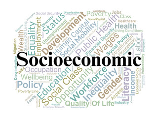 Socioeconomic Word Cloud. Composition Of Terms Related To Income, Education, Occupation, And Inequality, Highlighting Factors That Shape Human Welfare And Development.