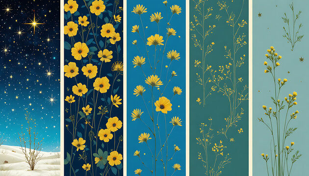 Set of five vertical panels with yellow wildflowers and starry sky illustrations.