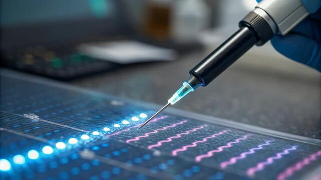Biotechnology research in modern laboratory scientist performs precise medical experiment using syringe for dna analysis on glowing microchip for genetic innovation - Powered by Adobe