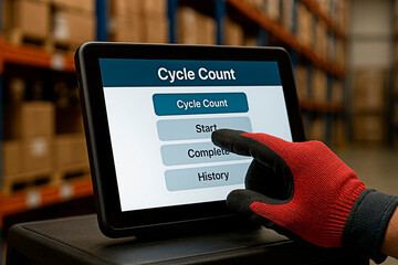 Warehouse inventory control concept using a touch screen tablet.