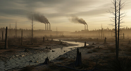Desolate landscape with factory smokestacks polluting sky, stark trees, and dry cracked earth.
