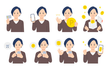 クレジットカードやスマホで買い物をする･ポイントを貯める中年女性のセット【人物ベクターイラスト素材】