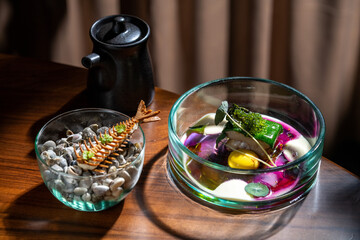 Gourmet dish with artistic presentation in a fine dining restaurant