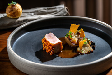 Gourmet dish of seared meat with a rich sauce and artful presentation