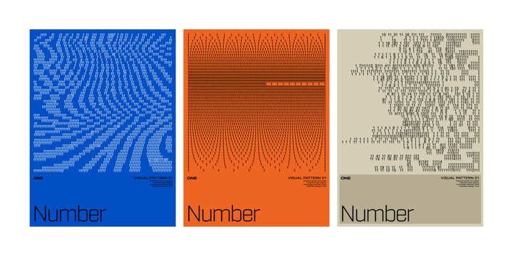 abstract number typography pattern collection with numeric visual composition digital text art poster design using algorithmic geometric layout in blue orange beige colors for modern minimal layout