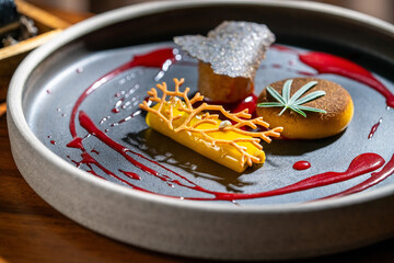 Exquisite fine dining dessert plate with artistic presentation and vibrant colors