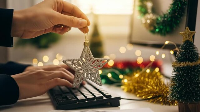 Person's hands typing on a computer keyboard, holding a sparkling Christmas star ornament at a festive desk decorated with holiday lights and a mini tree.