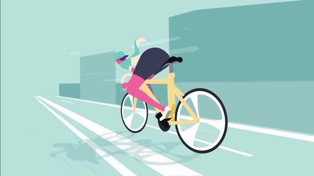 A dynamic animated cyclist speeding through a modern urban street, showcasing movement, energy, and minimal flat-style design in a smooth motion scene.