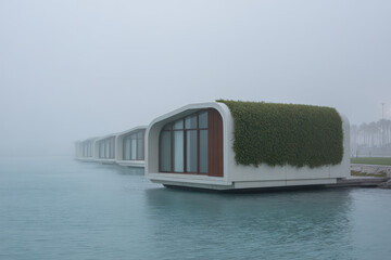 futuristic scene depicting robots constructing unique homes on water using ecofriendly materials
