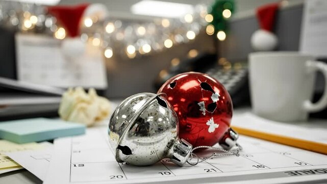 Christmas decorations on an office desk with a calendar, jingle bell, and shattered red ornament, showing holiday spirit in a workplace.