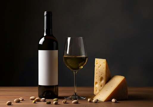 Elegant wine bottle and cheese pairing on wooden table