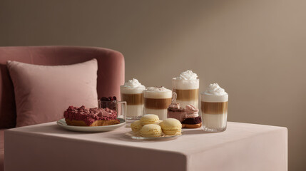cozy coffee table adorned with artisanal coffee drinks and delectable dessert recipes