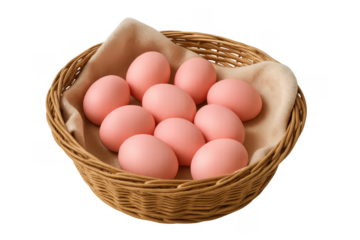 Pink easter eggs in wicker basket with transparent background