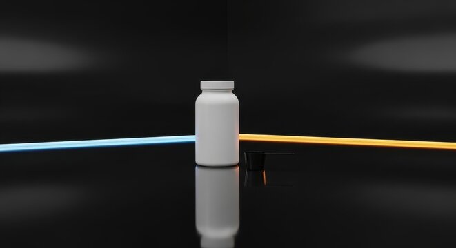 Minimal white supplement bottle on glossy black studio background with blue and yellow neon lines. Great for healthcare, fitness, dietary innovation, sport ad, product mockup, branding, 