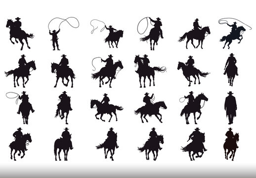 Black Cowboy Horse Rodeo Western Wild West Illustrations Set